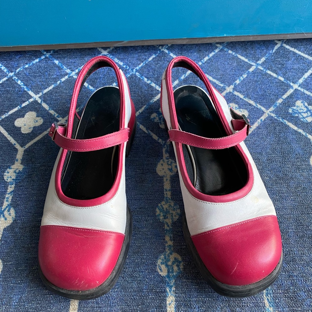 Vintage John Fluevog Unity Slingback Pink and White Mary Jane Flats